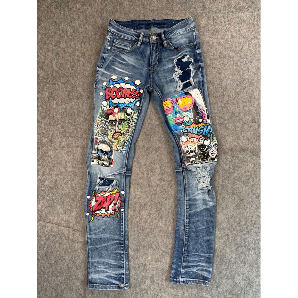Custom Pop Art Graphic Jeans Mens 27 Blue Denim Distressed Comic Streetwear Y2K